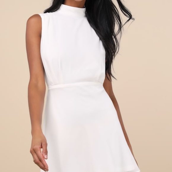Lulus Classic Elegance White Chiffon Sleeveless Mock Neck Mini Dress - Size XL - Picture 1 of 3